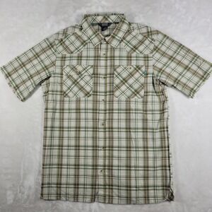 Outdoor Research Short Sleeve Button Up Shirt Men's Large‎ Beige Green Plaid
